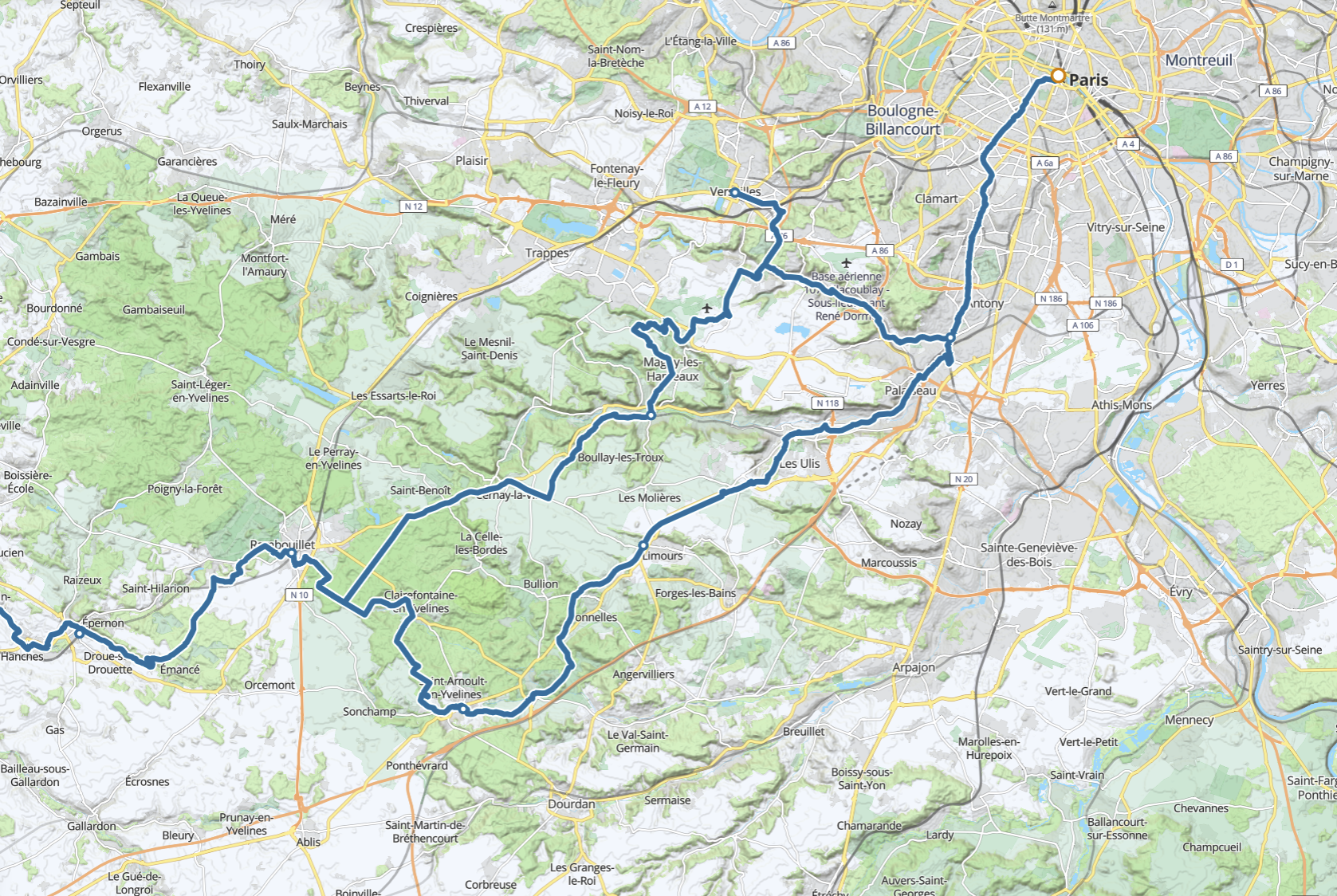 Map of La Véloscénie cycling route and its variants in Île-de-France