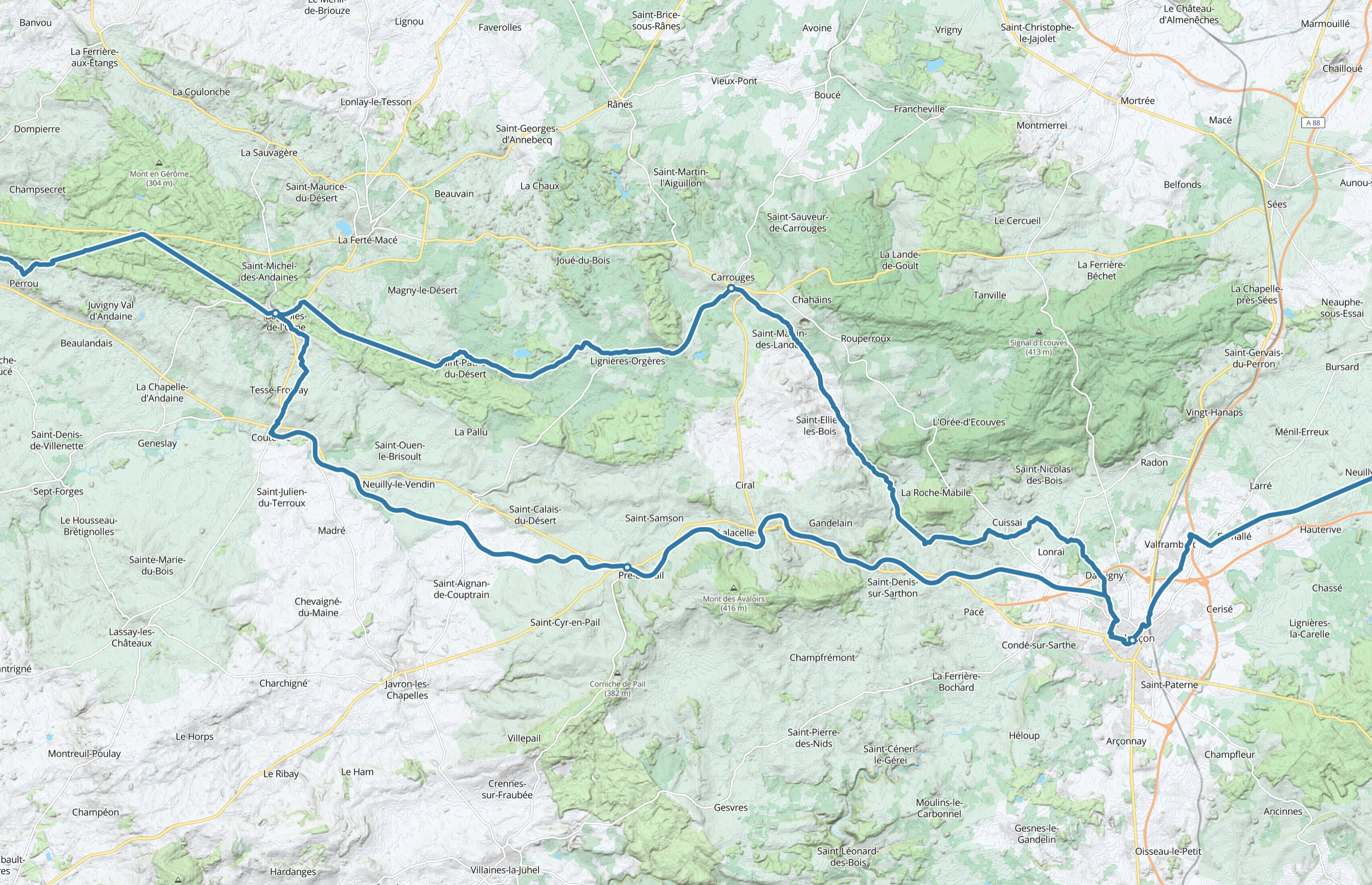 Map of the Véloscénie variants between Alençon and Bagnoles de l'Orne Normandie