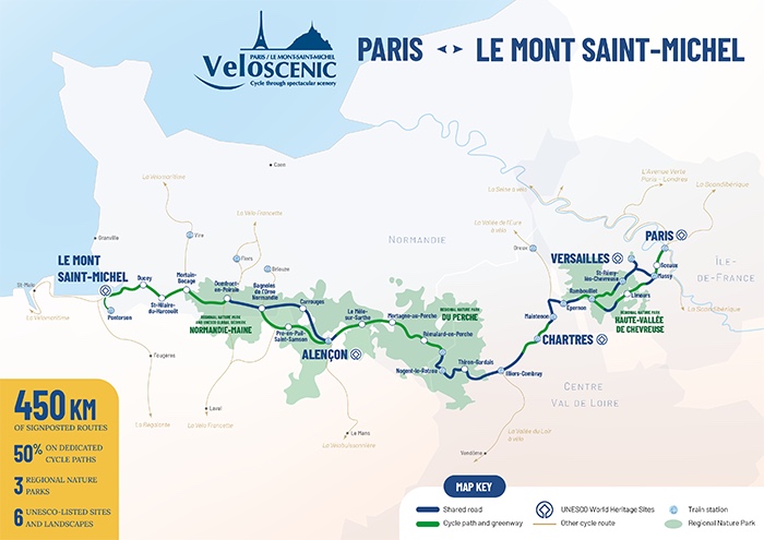 Carte de l'itinéraire Véloscénie Paris – Le Mont-Saint-Michel : 450 km de pistes cyclables traversant 3 parcs naturels régionaux et 6 sites classés UNESCO