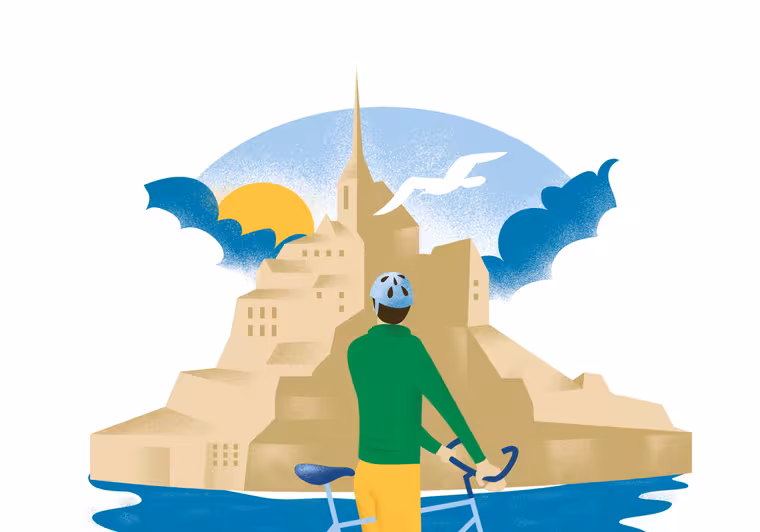 Illustration vintage d’un cycliste se tenant devant le Mont Saint-Michel