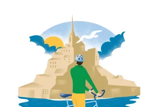 Illustration vintage d’un cycliste se tenant devant le Mont Saint-Michel