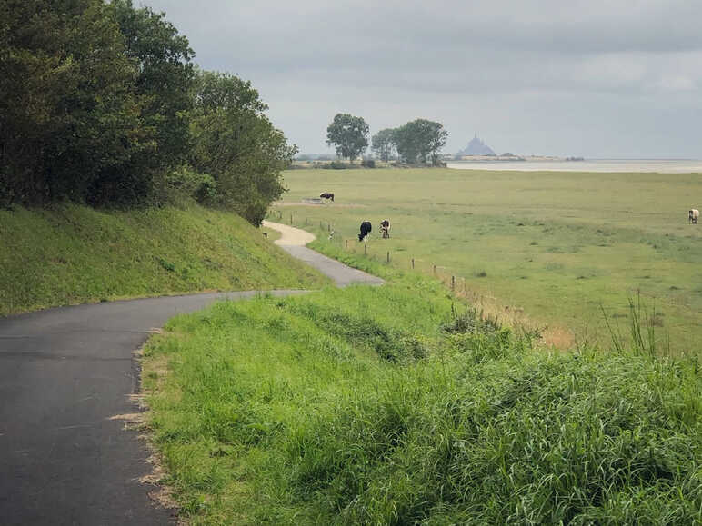 Arrivee dans la baie du Mont Saint-Michel - Temoignage Guillaume voyage a velo retro vintage le long de La Veloscenie