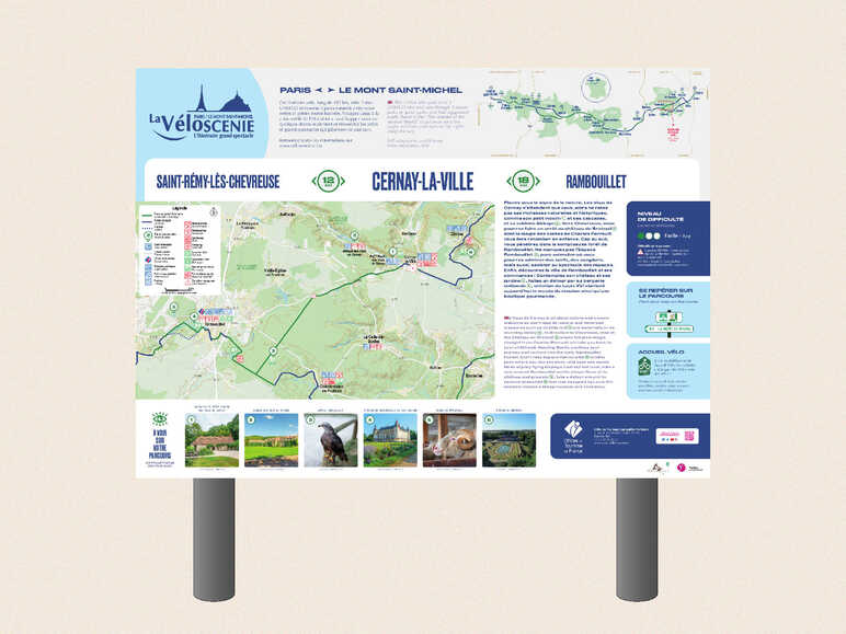 tourist information signs along the cycling route Veloscenic - La Véloscénie Paris - Mont Saint-Michel